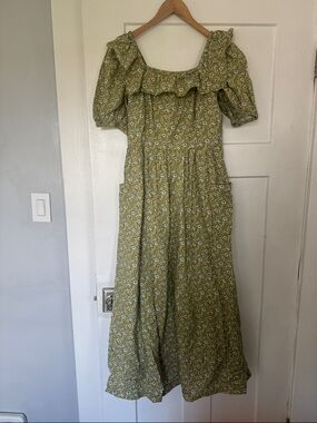 Green Floral Ruffle Midi Dress